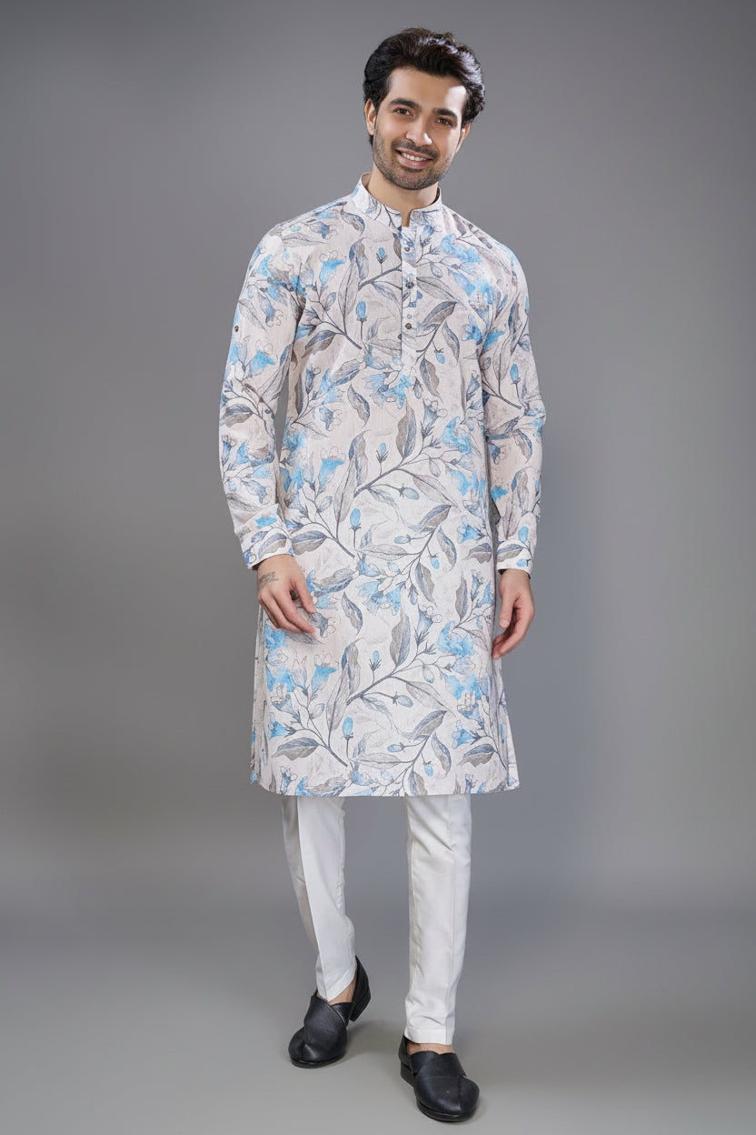 Off White Cotton Linen Digital Floral Printed Kurta Pajama - white cotton saree