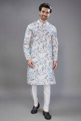 Off White Cotton Linen Digital Floral Printed Kurta Pajama - white cotton saree