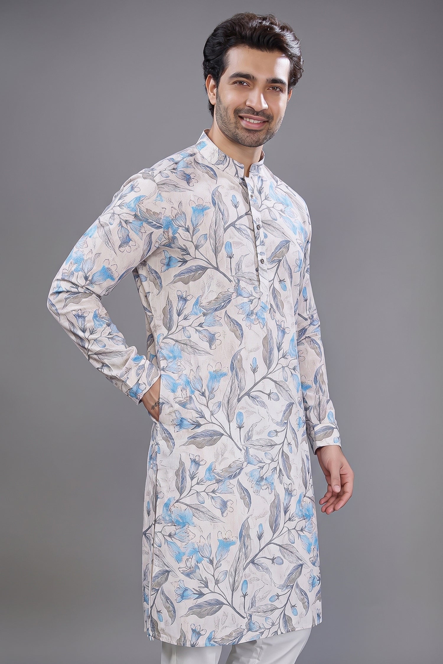 Off White Cotton Linen Digital Floral Printed Kurta Pajama - white cotton saree
