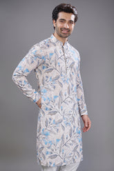 Off White Cotton Linen Digital Floral Printed Kurta Pajama - white cotton saree