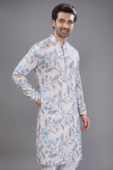 Off White Cotton Linen Digital Floral Printed Kurta Pajama - white cotton saree