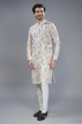 Cream Cotton Linen Floral Printed Kurta Pajama - cream cotton saree