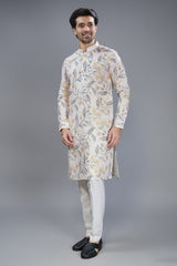 Cream Cotton Linen Floral Printed Kurta Pajama