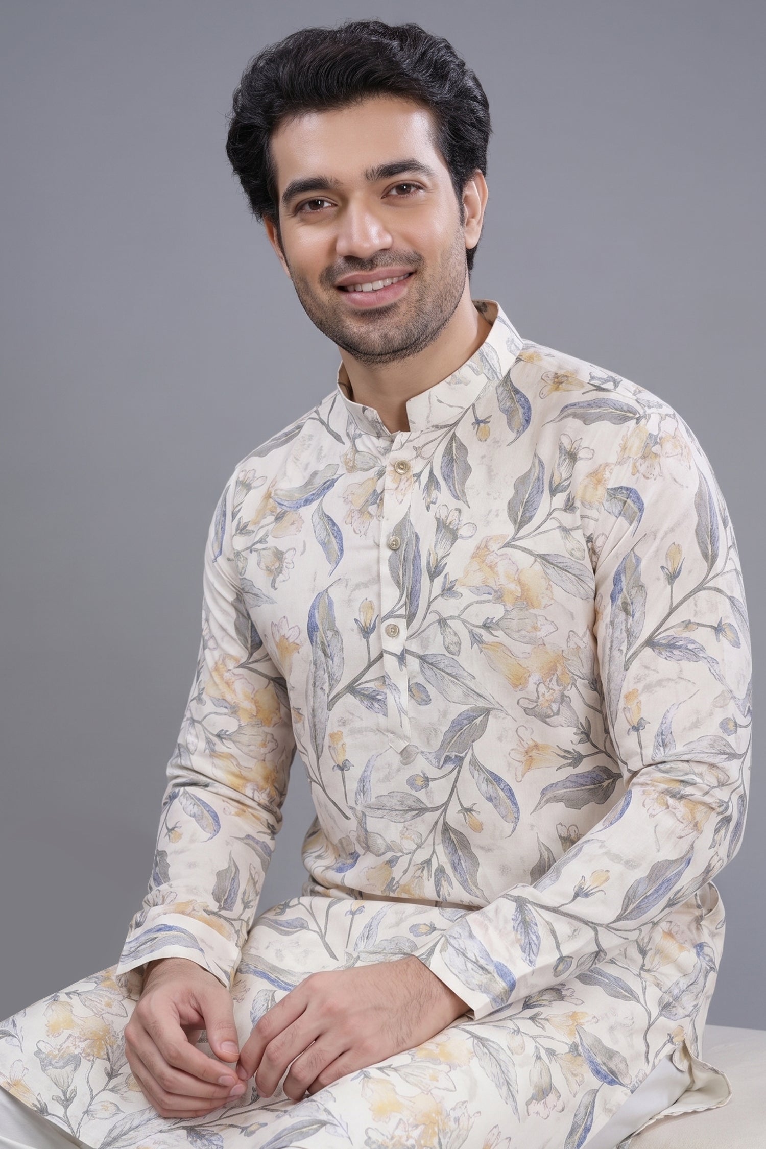 Cream Cotton Linen Floral Printed Kurta Pajama - cream cotton saree
