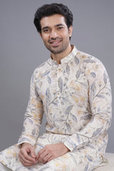 Cream Cotton Linen Floral Printed Kurta Pajama - cream cotton saree