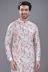 Cream Cotton Linen Floral Printed Kurta Pajama - cream cotton saree