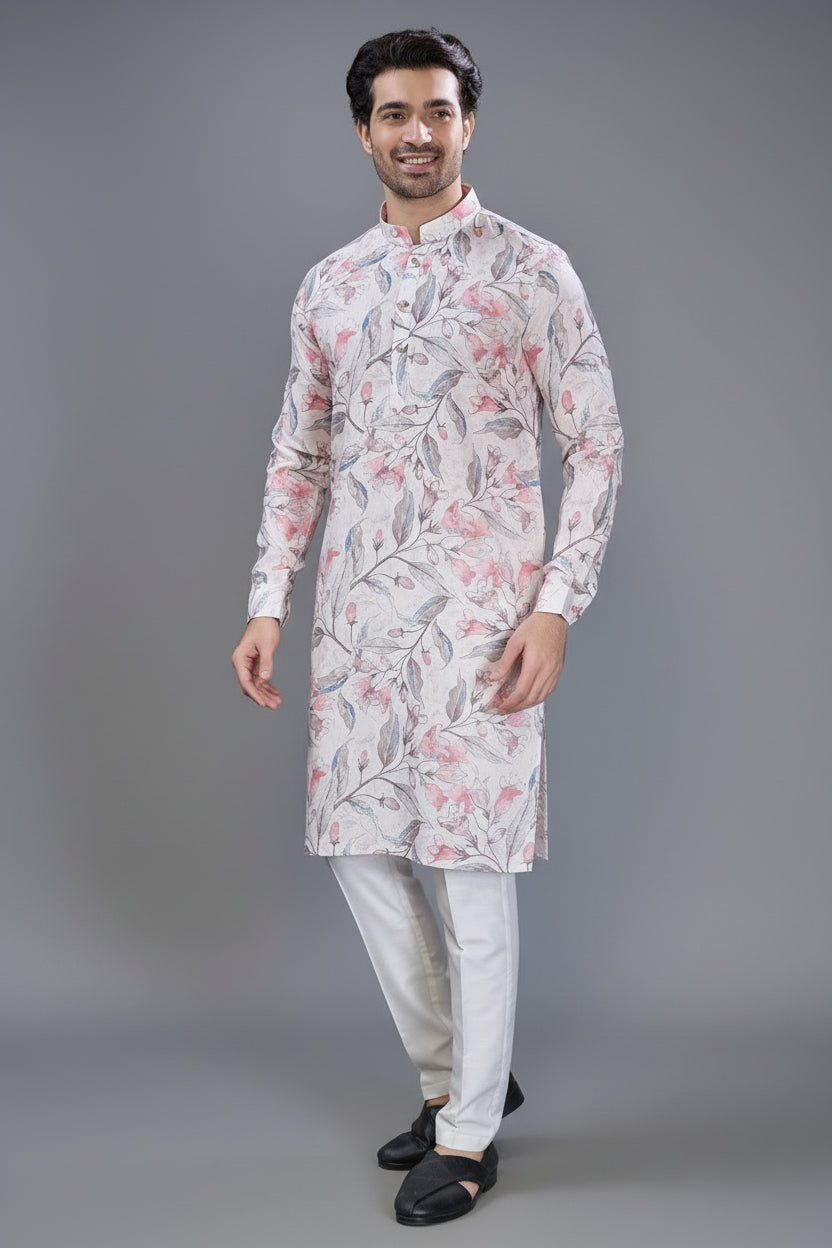 Cream Cotton Linen Floral Printed Kurta Pajama - cream cotton saree