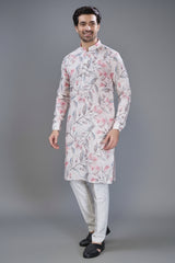 Cream Cotton Linen Floral Printed Kurta Pajama - cream cotton saree