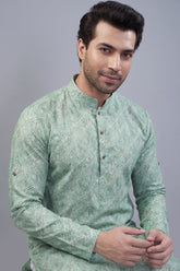 Light Green Cotton Linen Printed Kurta Pajam - green cotton saree