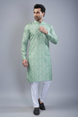 Light Green Cotton Linen Printed Kurta Pajam
