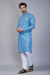 Sky Blue Cotton Linen Printed Kurta Pajama
