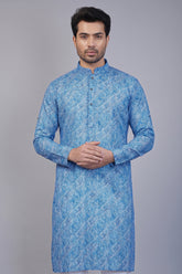 Sky Blue Cotton Linen Printed Kurta Pajama - blue cotton saree
