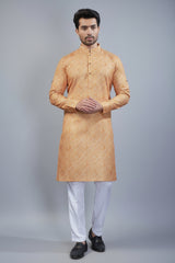 Light Orange Cotton Linen Printed Kurta Pajama - orange cotton saree