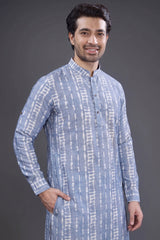 Light Blue Cotton Linen Printed Kurta Pajama - blue cotton saree