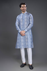 Light Blue Cotton Linen Printed Kurta Pajama - blue cotton saree
