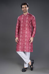 Maroon Cotton linen Printed Kurta Pajama - maroon cotton saree