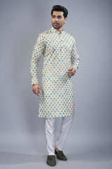 Yellow Cotton Linen Checks Printed Kurta Pajama