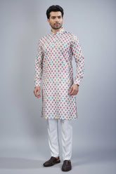 Pink Cotton Linen Checks Printed Kurta Pajama - pink cotton saree