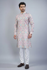 Pink Cotton Linen Checks Printed Kurta Pajama - pink cotton saree