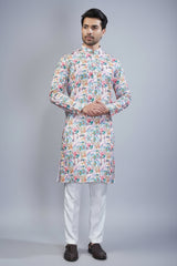 Off White and Multi Colored Printed Kurta Pajama