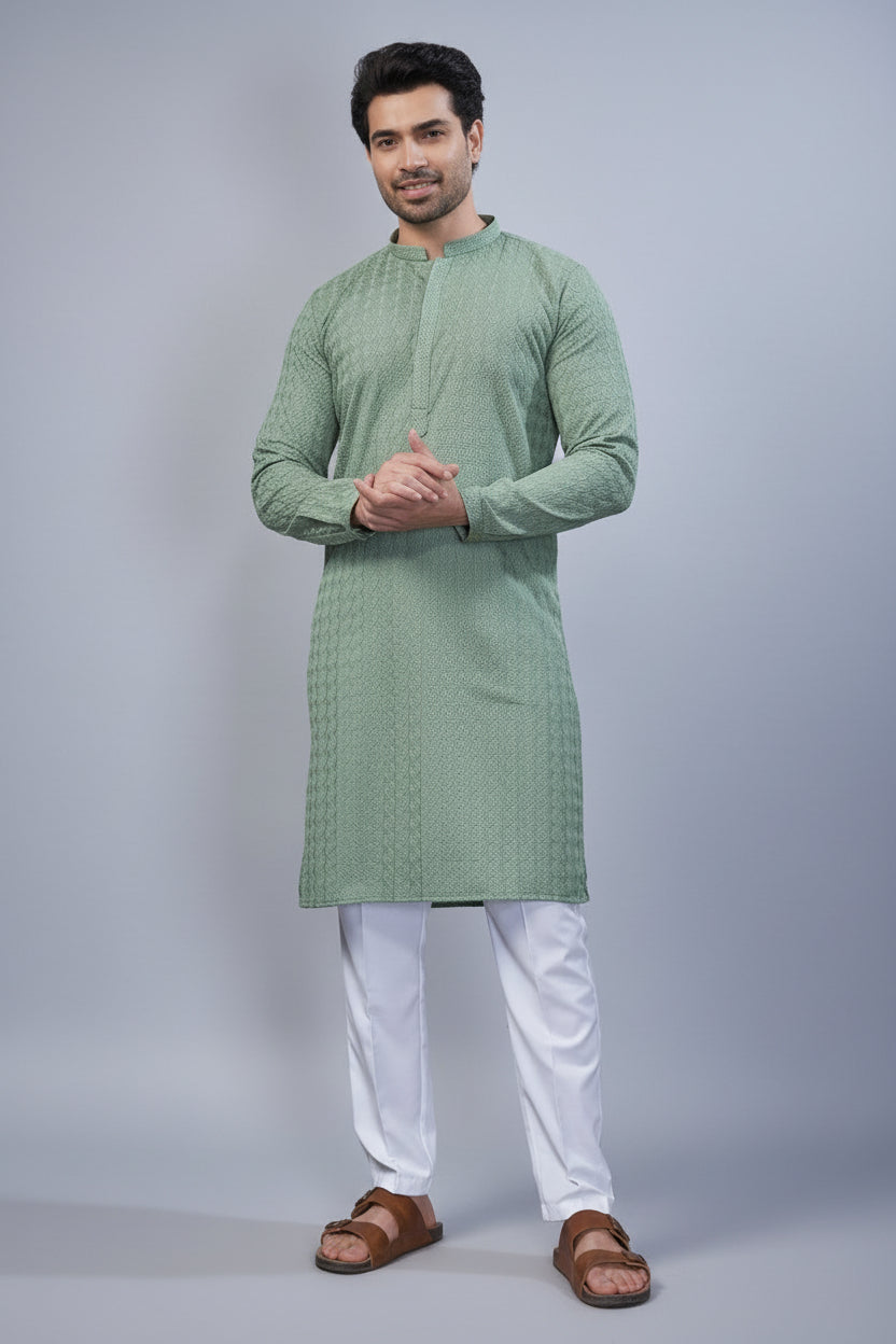 Sage Green Art Silk Embroidered Kurta Pajama - red silk saree embroidered