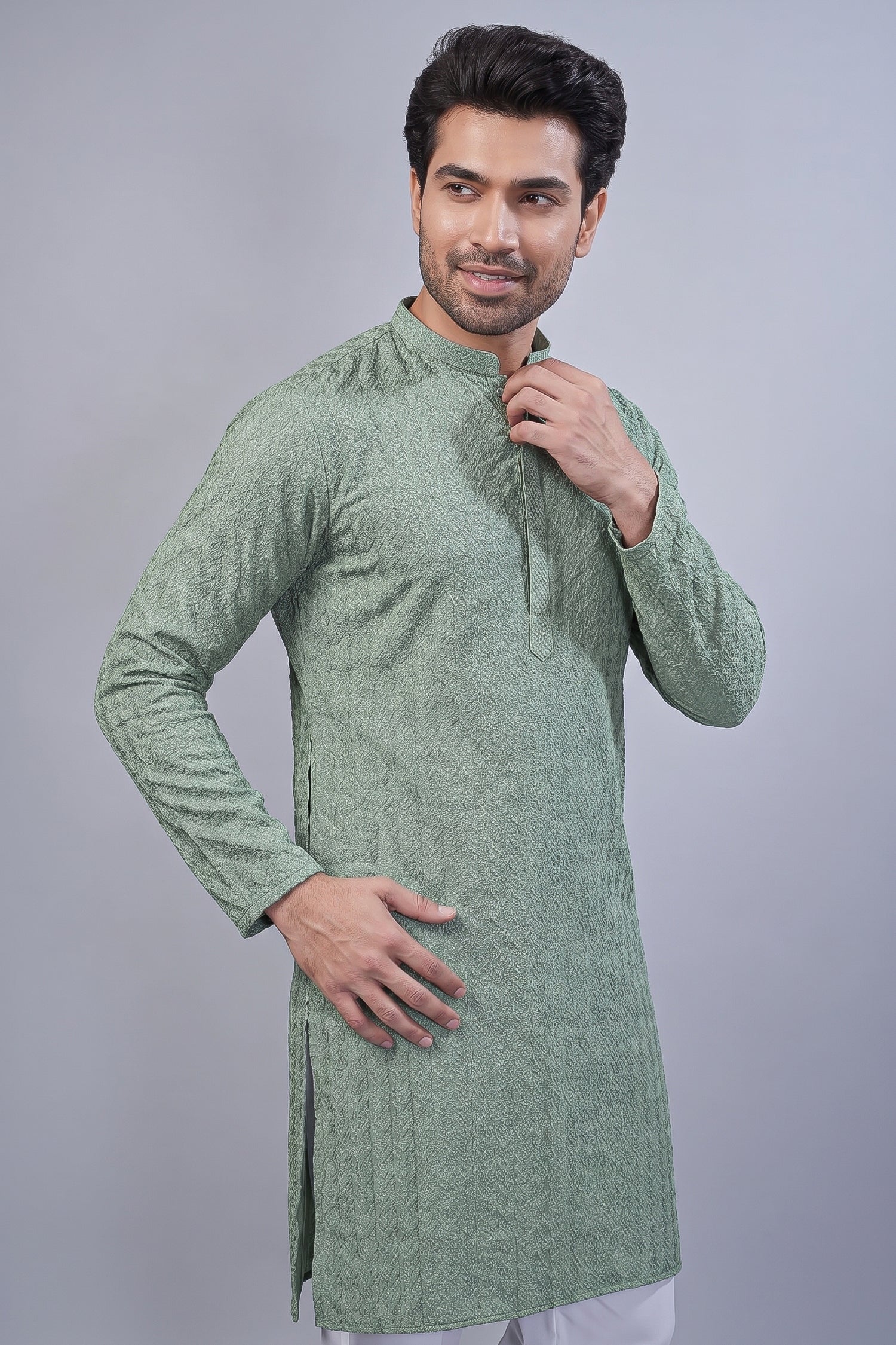 Sage Green Art Silk Embroidered Kurta Pajama - red silk saree embroidered
