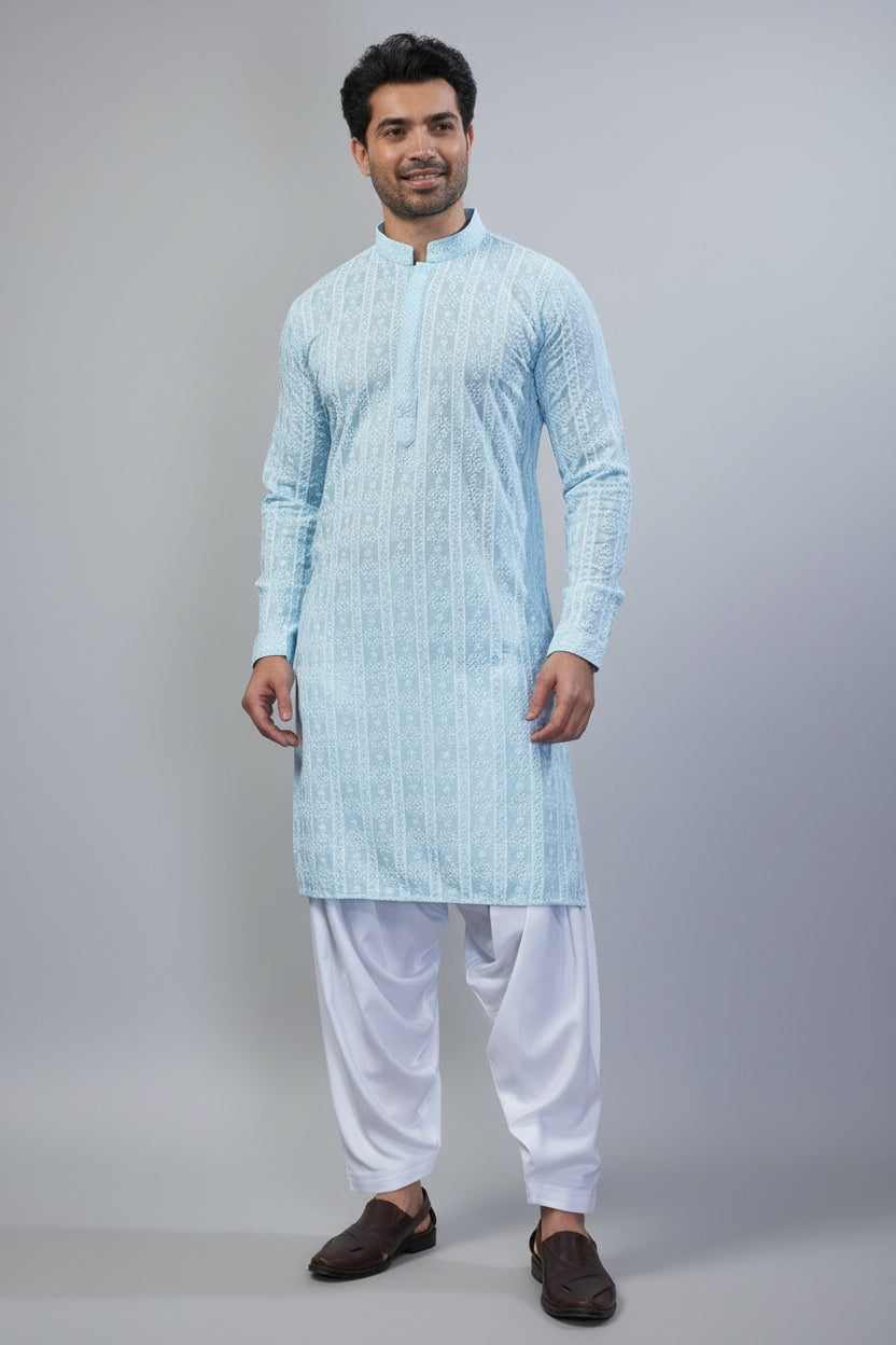 Light Blue Art Silk Lucknowi Embroidered Kurta Pajama - red silk saree embroidered