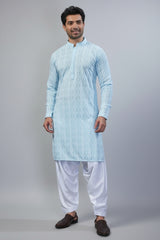 Light Blue Art Silk Lucknowi Embroidered Kurta Pajama - red silk saree embroidered