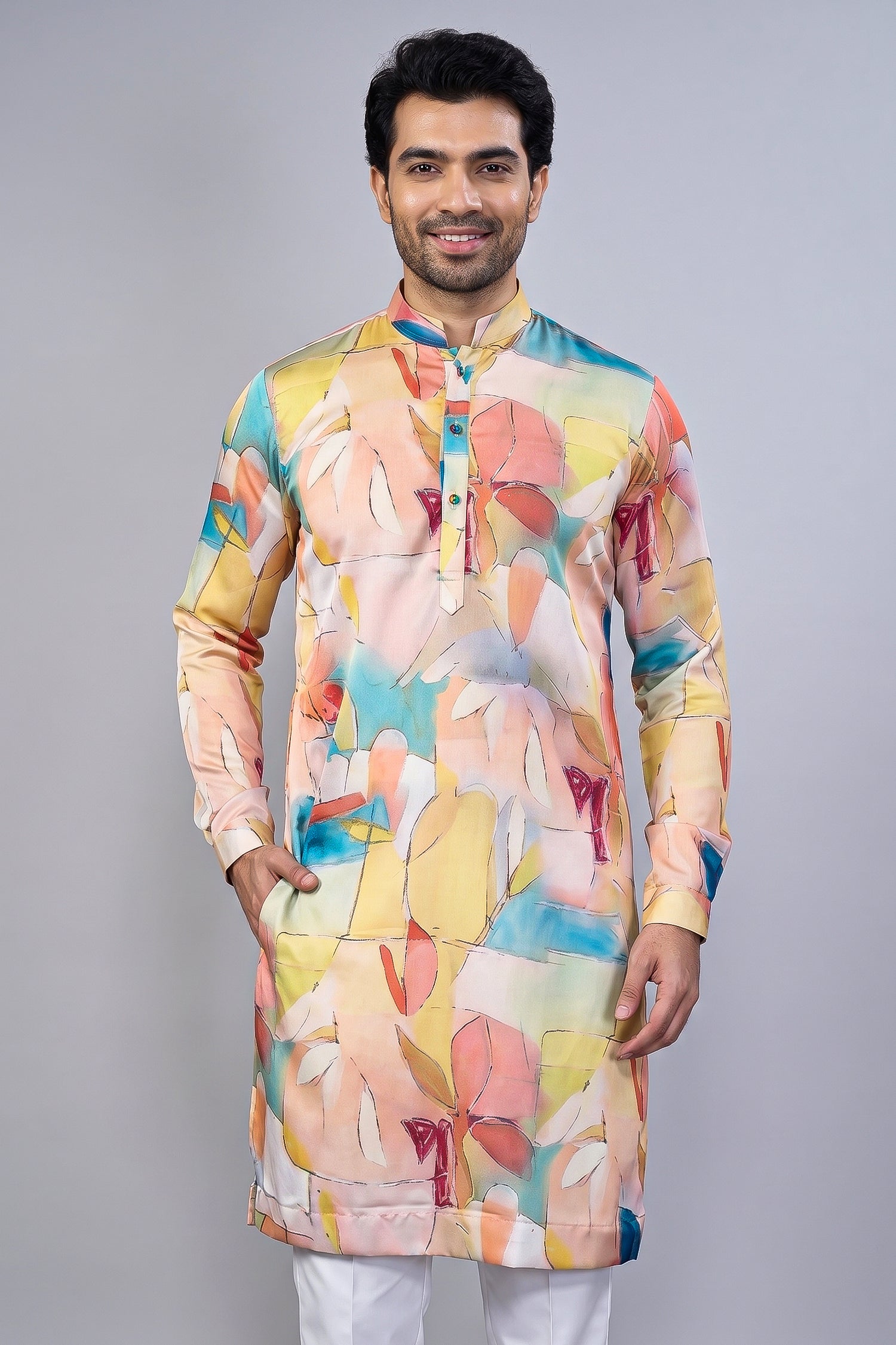 Multi Colored Silk Printed Kurta Pajama - red silk saree