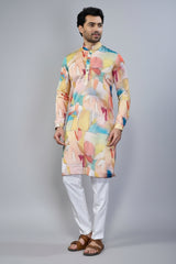 Multi Colored Silk Printed Kurta Pajama