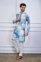 Blue Silk Floral Printed Kurta Pajama