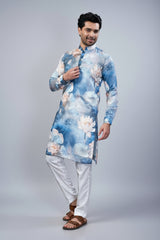 Blue Silk Floral Printed Kurta Pajama