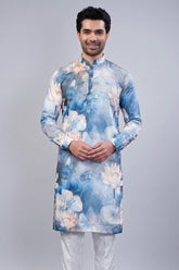 Blue Silk Floral Printed Kurta Pajama - blue silk saree