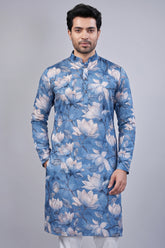Blue Silk Floral Printed Kurta Pajama - blue silk saree