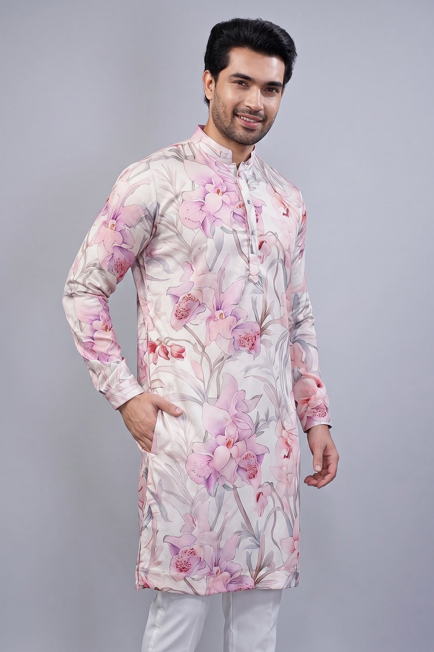 Off White and Pink Floral Printed Kurta Pajama - pink saree