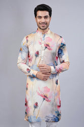 Multi Colored Silk Printed Kurta Pajama - red silk saree