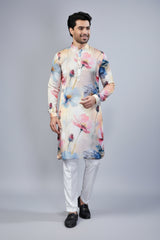 Multi Colored Silk Printed Kurta Pajama - red silk saree