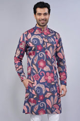 Blue Silk Floral Printed Kurta Pajama - blue silk saree