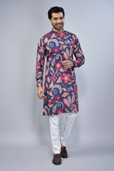 Blue Silk Floral Printed Kurta Pajama - blue silk saree