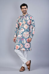 Grey Silk Floral Printed Kurta Pajama - grey silk saree