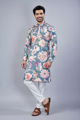 Grey Silk Floral Printed Kurta Pajama