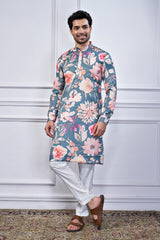 Grey Silk Floral Printed Kurta Pajama