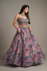 Mauve Organza Silk Floral Print Lehenga with Cutdana Sequin Corset with Cape Jacket