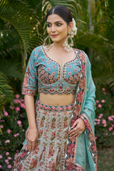 Blue Raw Silk Floral Printed and Sequin Embroidered Lehenga - red silk saree embroidered