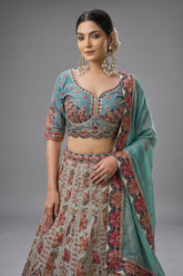 Blue Raw Silk Floral Printed and Sequin Embroidered Lehenga - red silk saree embroidered