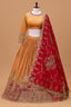 Dusty Peach Crush Silk Patch Work Designer Lehenga with Jewel Neck Blouse
