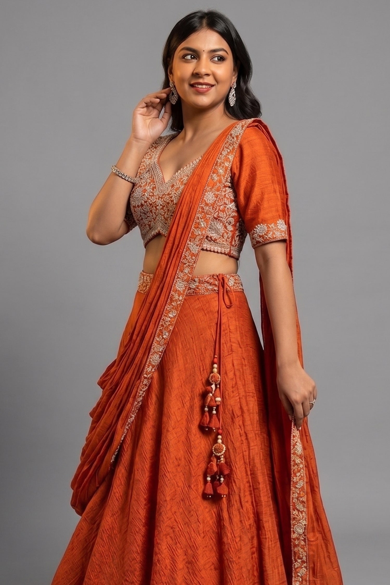 Orange Silk Zardosi Work Lehenga with Attached Dupatta - orange silk saree