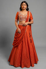 Orange Silk Zardosi Work Lehenga with Attached Dupatta - orange silk saree