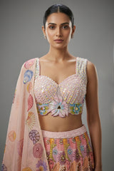 Pink and Multi Colored Chinon Sequin and Floral Printed Lehenga