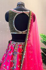 Rani Pink Raw Silk Kalamkari Printed Lehenga with Beads and Applique Work